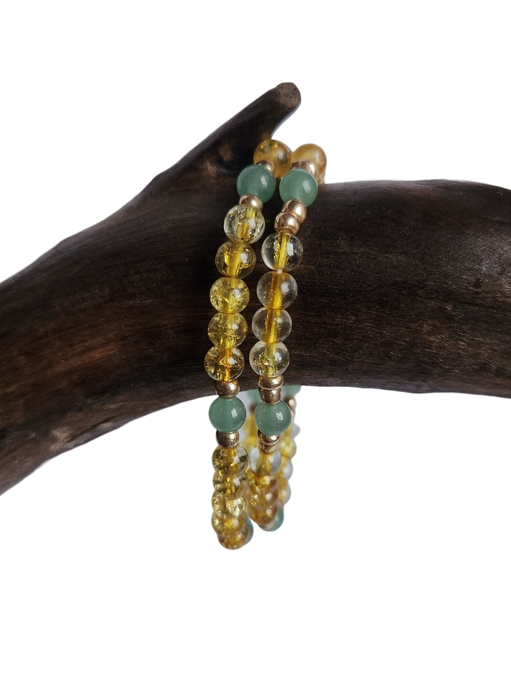 Handcrafted Green Aventurine And Yellow Glass Beaded Stretch Bracelet Set